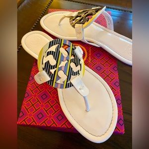 Tory Burch Miller Patent Leather Sandal in Field Day Stripe SZ 9